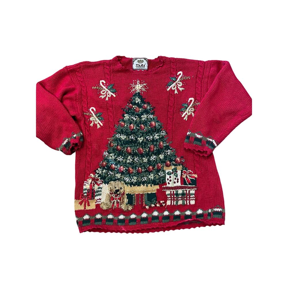 Tiara Vintage Christmas Tree Presents Sweater Med